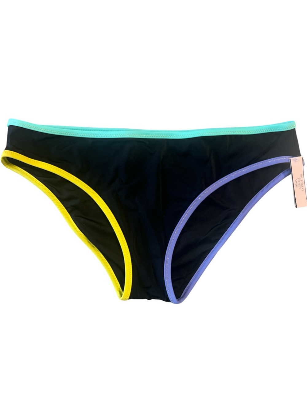 Victoria's Secret Black Bikini Bottom with Yellow, Purple and Aqua Trim Large